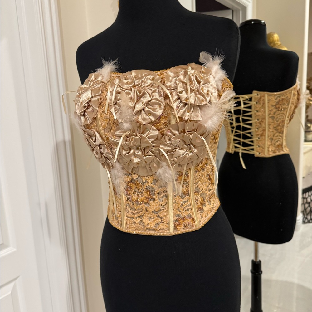 Attitudes by Debra Elegant Gold Corset with feather Floral Accents